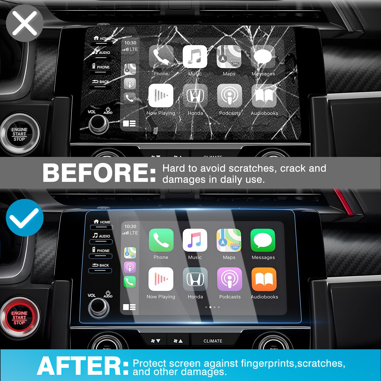 Karltys 2 Pack 9-Inch Tempered Glass Screen Protector for 2019-2021 Honda Civic LX EX Touring Si - Ultra Clear Anti Glare Cover